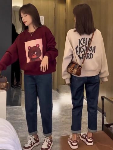 卡通印花加绒卫衣女秋冬纯棉宽松