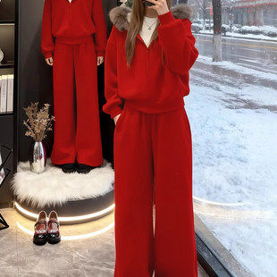 欧货加绒加厚运动套装女秋冬2025新款韩版宽松毛领开衫上衣两件套