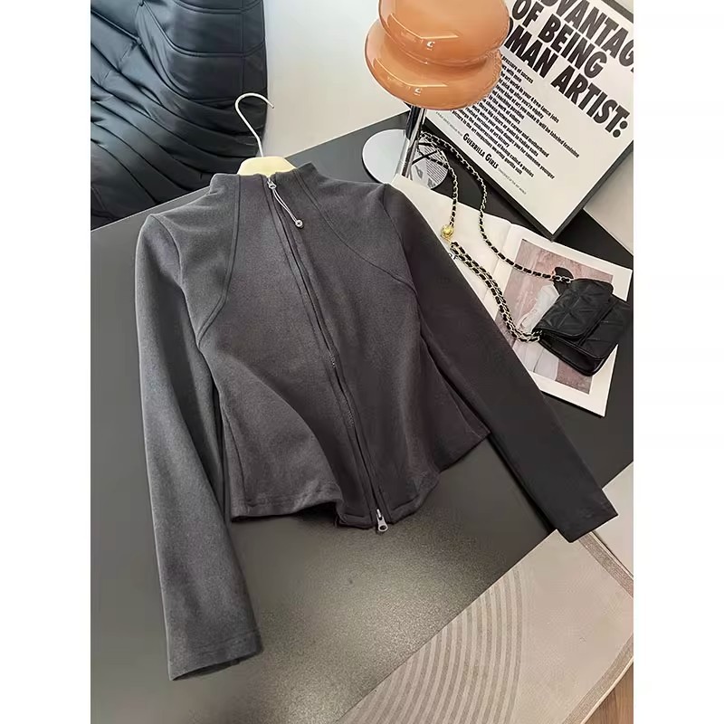 运动休闲鱼骨立领德绒长袖T恤秋冬新款修身显瘦百搭洋气拉链开衫