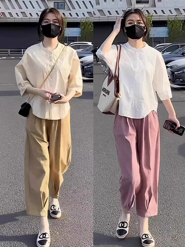 成套搭配减龄套装韩版百搭简约五分袖休闲衬衫女粉色阔腿裤两件套