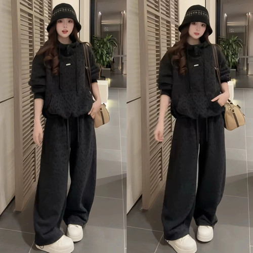 加绒连帽卫衣休闲阔腿裤两件套装