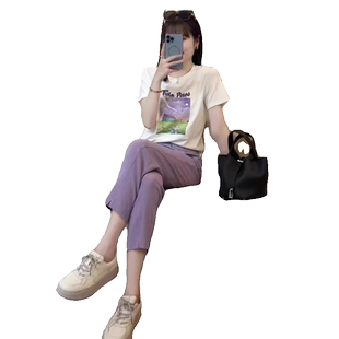 夏季女装新款紫色香风休闲时尚套装印花短袖T恤九分裤套装两件套