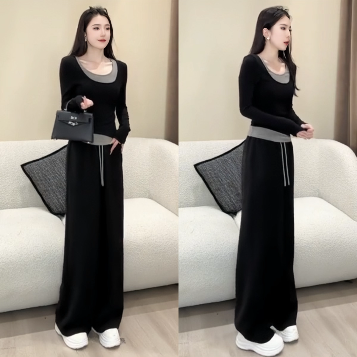 欧货时尚洋气运动休闲套装女秋冬2026爆款假两件T恤阔腿裤两件套,女装/女士精品,时尚套装,淘宝优惠券,粉丝福利购,淘宝优惠卷