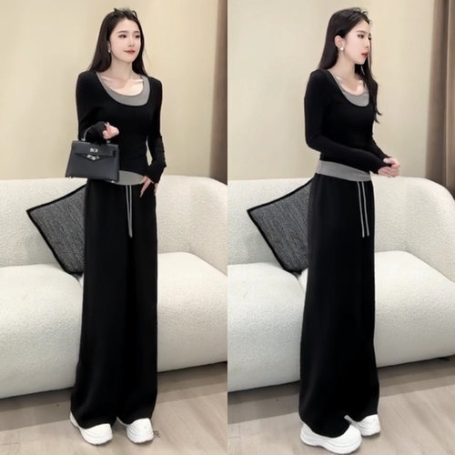 2025爆款假两件T恤阔腿裤两件套