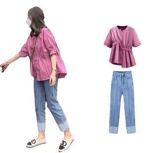 夏季大码女装2026新款微胖mm显瘦遮肉轻熟风盐系穿搭上衣两件套装