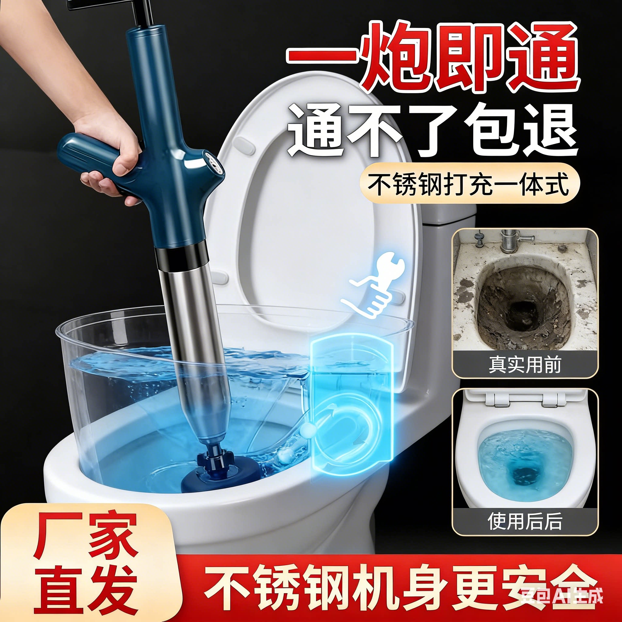 马桶下水管道不锈钢卫生间厨房管道疏通器一体式家用安全真实用前