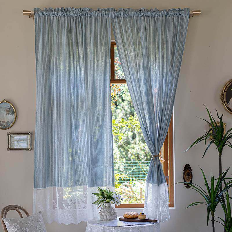 美式蕾丝窗帘短款半遮光蓝色门帘条纹北欧简约卧室厨房隔断帘日式