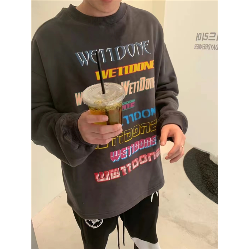 WE11DONE霓虹弹幕印花长袖T恤男WELLDONE潮牌宽松圆领情侣上衣女