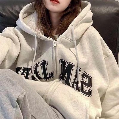 春秋冬花灰色连帽卫衣外穿女oversize宽松垂坠感慵懒拉链外套开衫