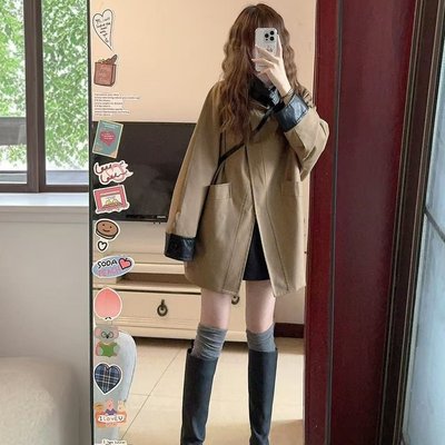 2025巴恩风撞色翻领风衣外套女秋冬新款设计感宽松休闲百搭大衣