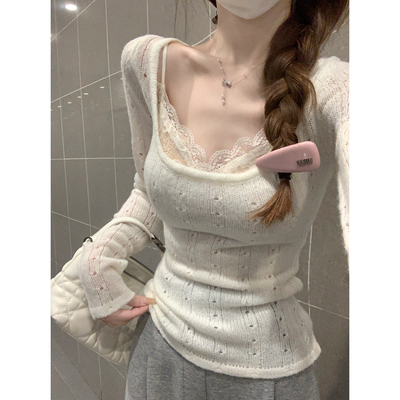 实拍实价 秋冬韩版设计感方领镂空针织衫修身叠穿长袖打底上衣女