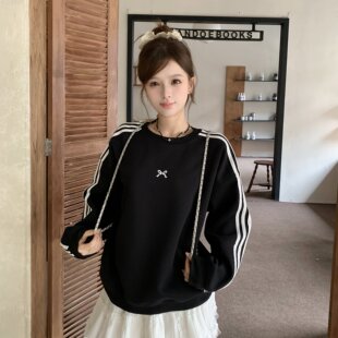 新款 三条杠蝴蝶结黑色卫衣2024秋季 宽松显瘦上衣 女装 实拍～大码