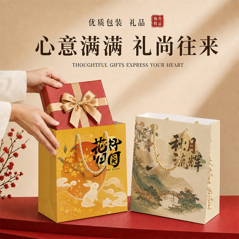 中秋节手提纸袋玉兔伴月月饼礼盒伴手礼礼品包装袋可印logo