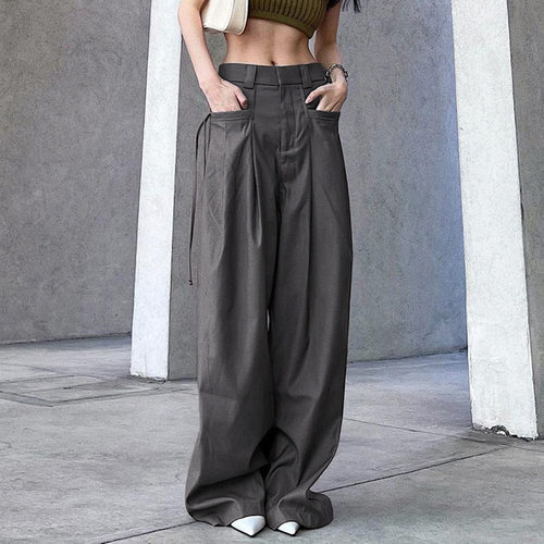 Solid color low waist pocket loose pants纯色低腰口袋宽松长裤