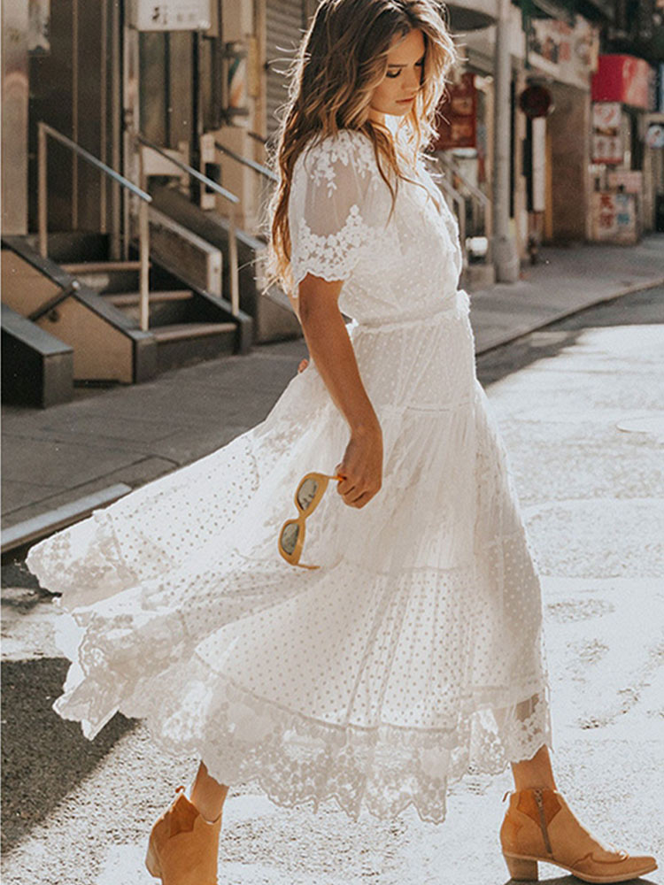 Summer V-neck Short Sleeve Lace Dress夏季v领短袖蕾丝连衣裙图片
