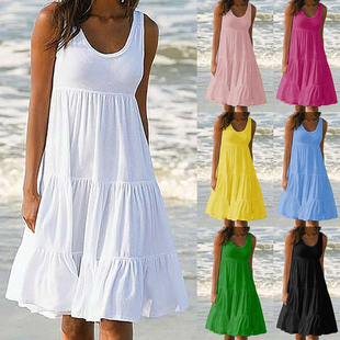 7 Colors 8 Sleeveless Round Neck Stitching Beach Dress沙滩裙