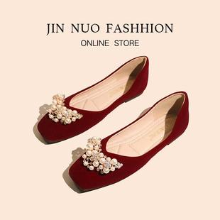 新娘秀禾婚鞋女小码软底防滑孕妇脚肥宽平底红色单鞋大码中式敬酒