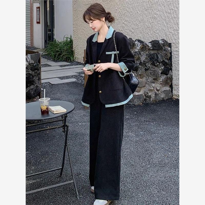 韩版高级感牛仔拼接西装外套阔腿裤两件套女春秋季新款长裤套装