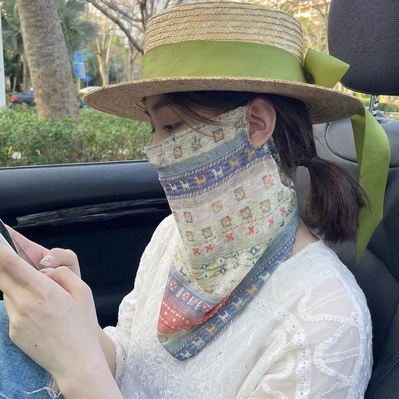 夏季新款冰丝防晒面罩遮全脸围脖护颈防紫外线女套头防晒面纱脖套