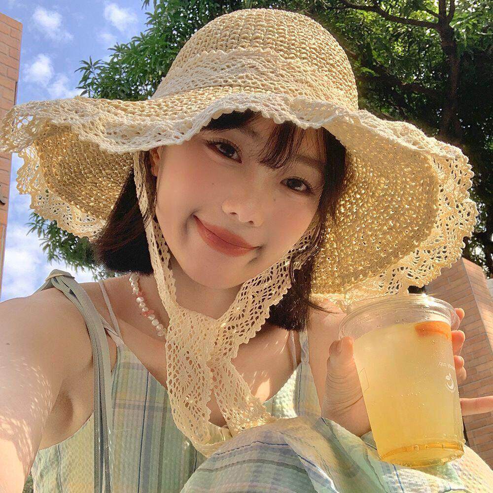 新款韩版甜美编织蕾丝系带草编帽夏天防晒防紫外线小清新沙滩帽子