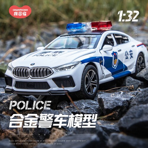 宝马M8警车合金回力车声光六门可开男孩摆件模型生日礼物2025新款