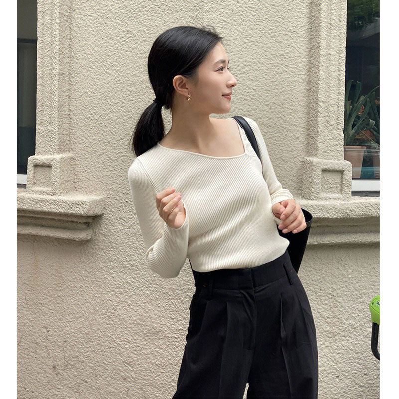 WHITE KNITTED BASE SHIRT WOMENS AUTUMN 2022 NEW GENTLE STYLE SLIM SLIM DESIGN PULLOVER TOP TREND