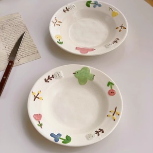 日本订单 高颜值立体浮雕哑光陶瓷盘子花朵燕子釉下彩圆盘菜盘子