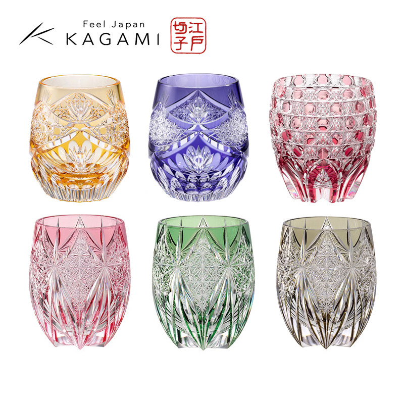 日本KAGAMI江户切子水晶玻璃威士忌酒杯黄紫色手工洛克杯进口酒具