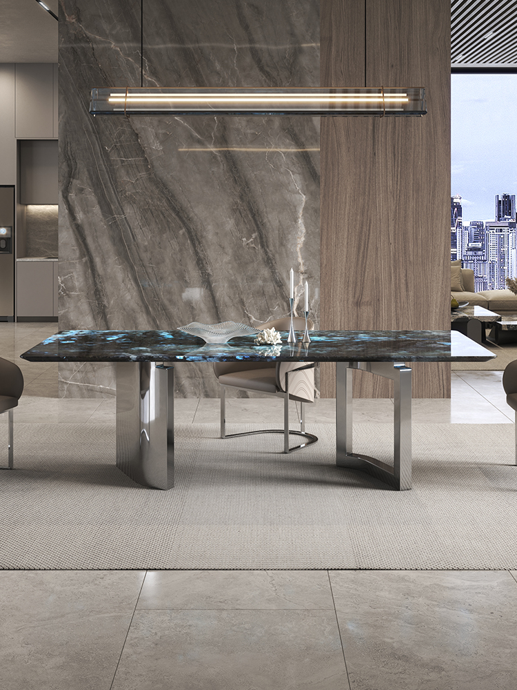 意式极简蓝翡翠奢石长方形餐桌高端定制现代简约家用饭桌