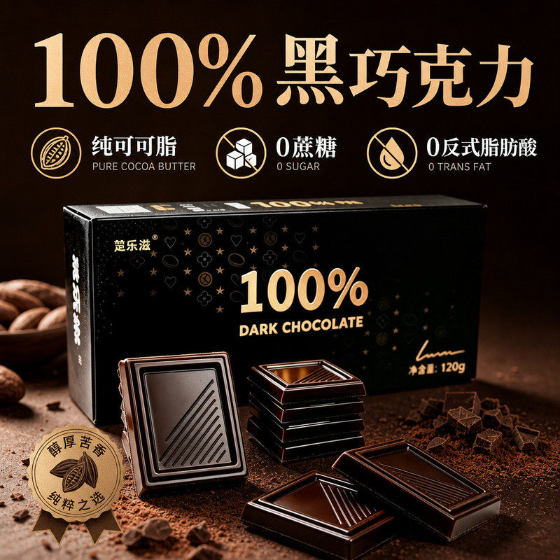 100%黑巧克力纯可可脂无蔗糖每日烘焙考试健身期代餐饱腹生酮零食