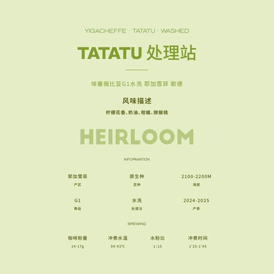 新品上架85折 TATATU处理站 埃塞俄比亚G1水洗 耶加雪菲 歌德