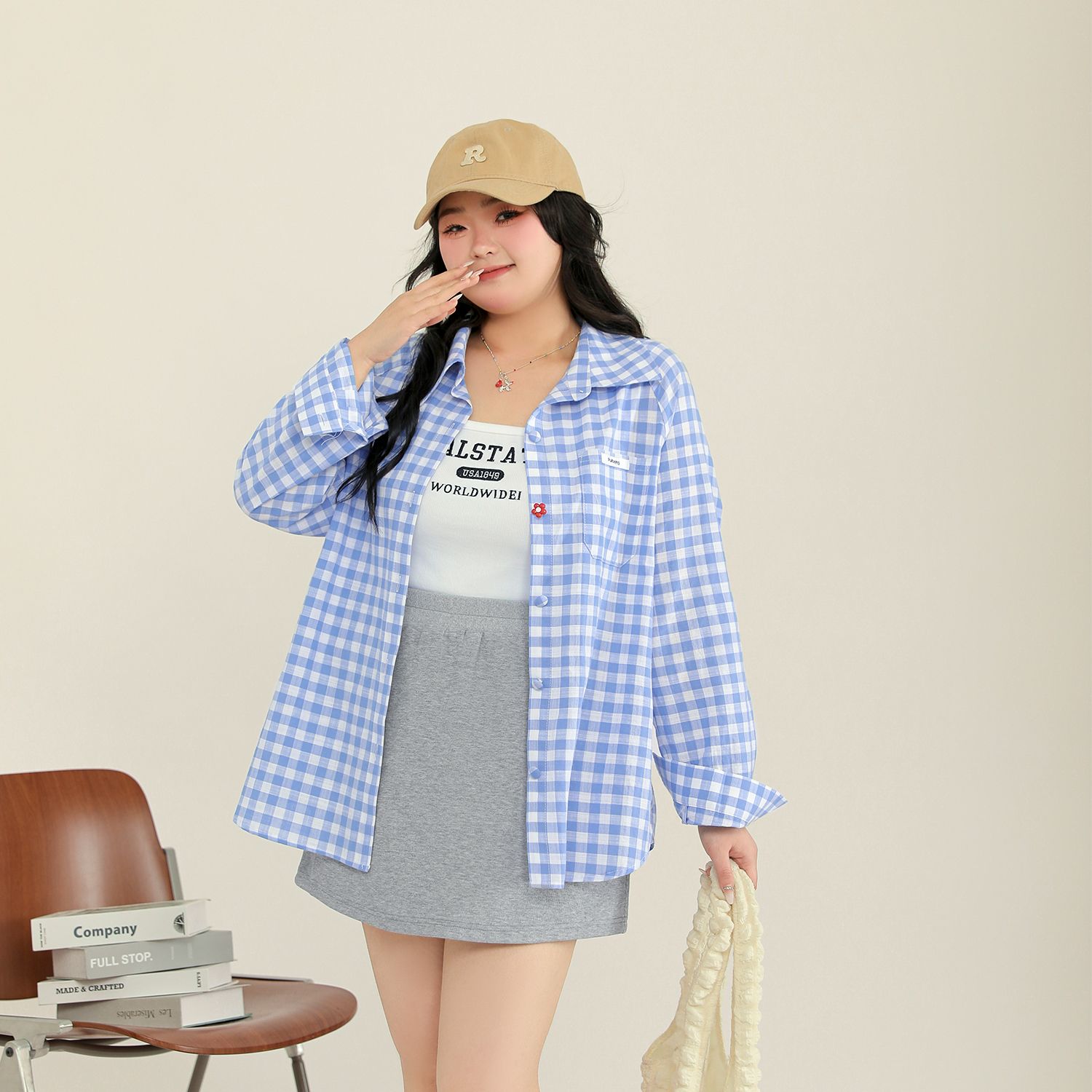 DM100大码女装春季新款显瘦竹节格子衬衫针织半身裙套装