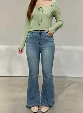 DM100大码女装微胖mm显瘦长款2026春新款修身休闲百搭微喇牛仔裤