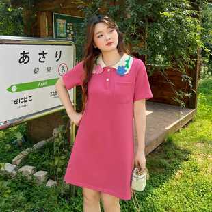 DM100大码 胖mm重工花朵针织领甜美宽松娃娃领T恤连衣裙 女装 夏季