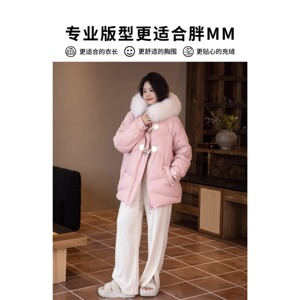 DM100微胖mm大码女装2024冬新款真狐狸毛领不规则羽绒服长版外套