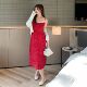 秋季 DM100大码 女装 胖mm精致撞色气质收腰显瘦红色碎花吊带连衣裙