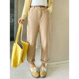 DM100大码女装秋季长裤子微胖mm休闲百搭卡其色棉布牛仔裤萝卜裤