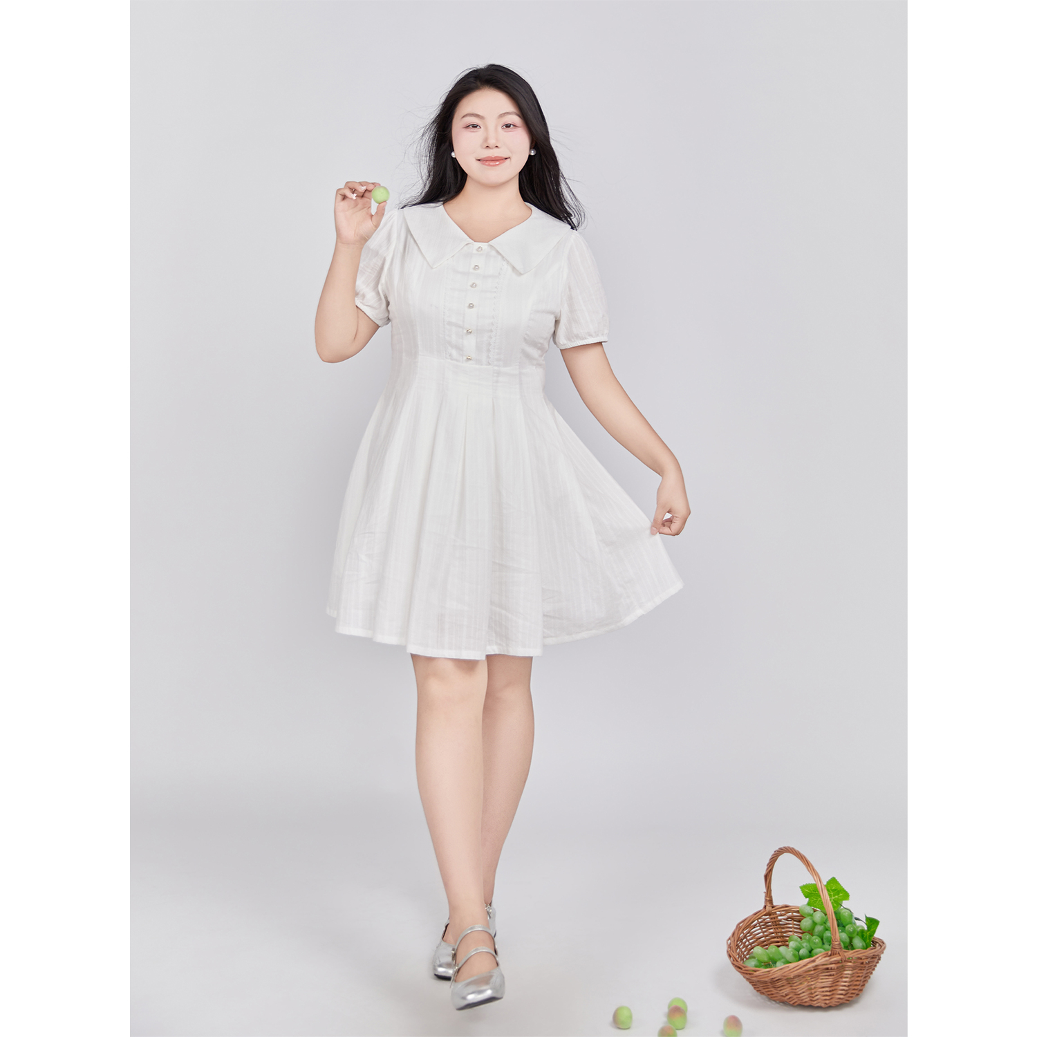 DM100大码女装夏微胖mm【甜美风套装】正肩娃娃领连衣裙短裤套装