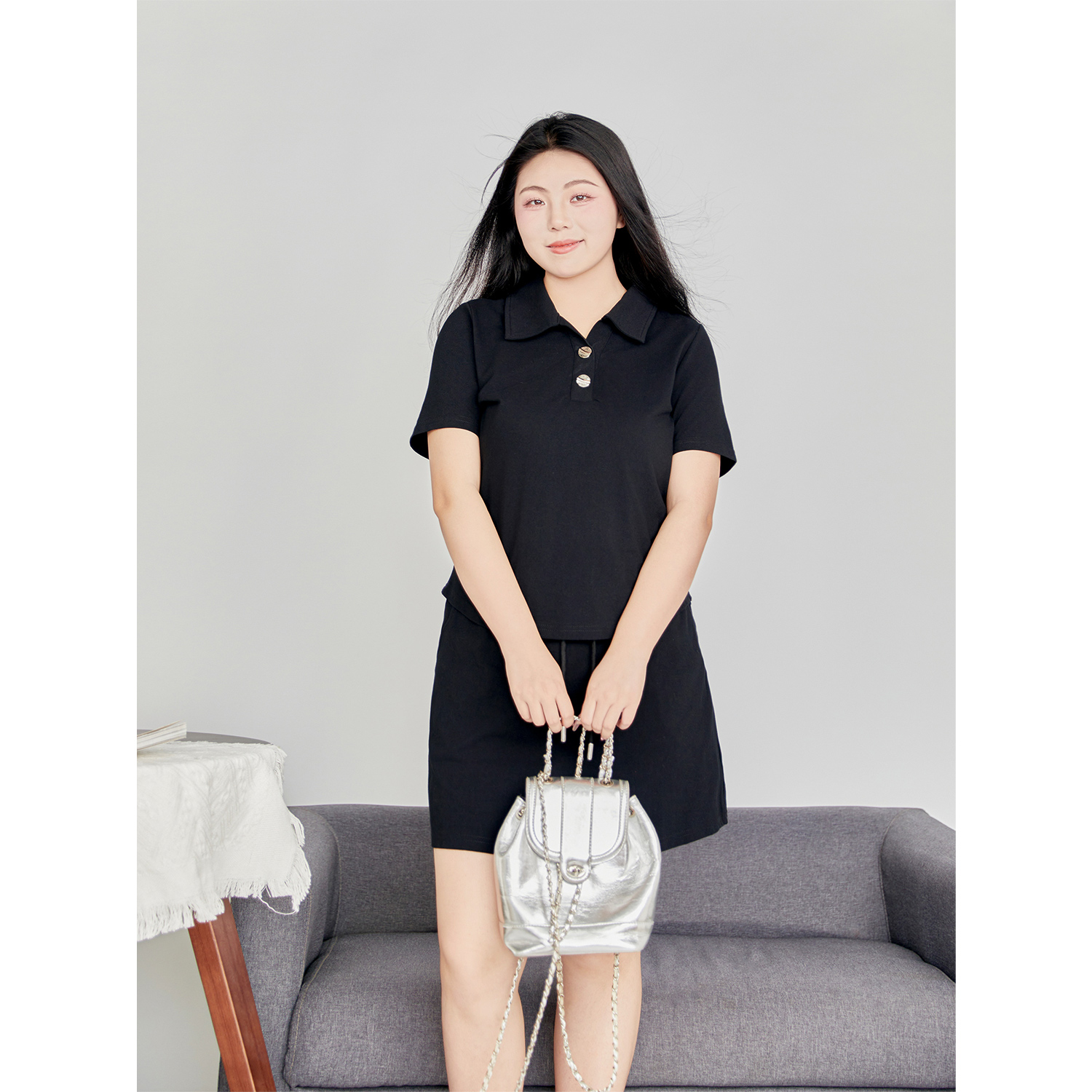 DM100大码女装微胖mm休闲通勤polo领T恤上衣高腰半身裙两件套装