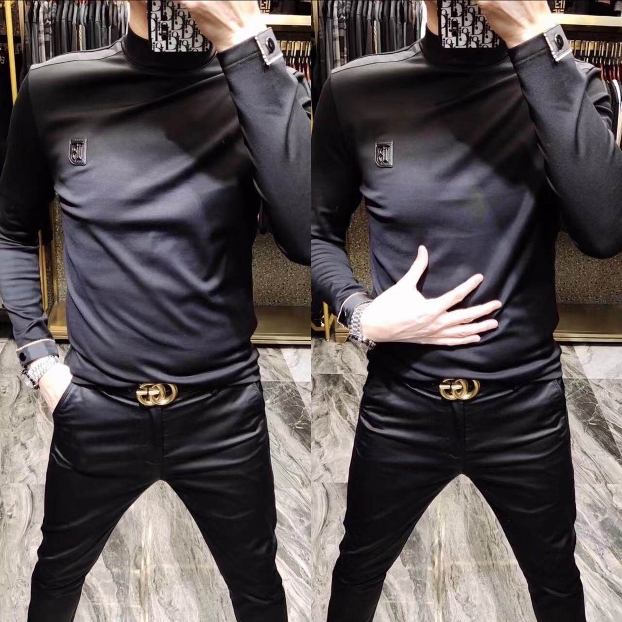 3988春季新款男士商务休闲立领长袖T恤时尚简约修身百搭打底衫男