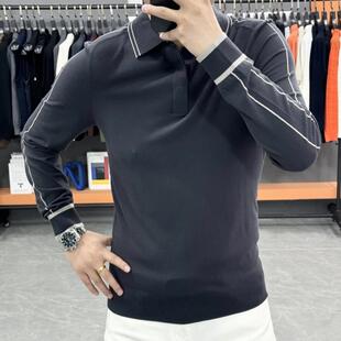 2024秋季新款男士休闲翻领长袖针织衫时尚潮流修身撞色毛衣打底衫