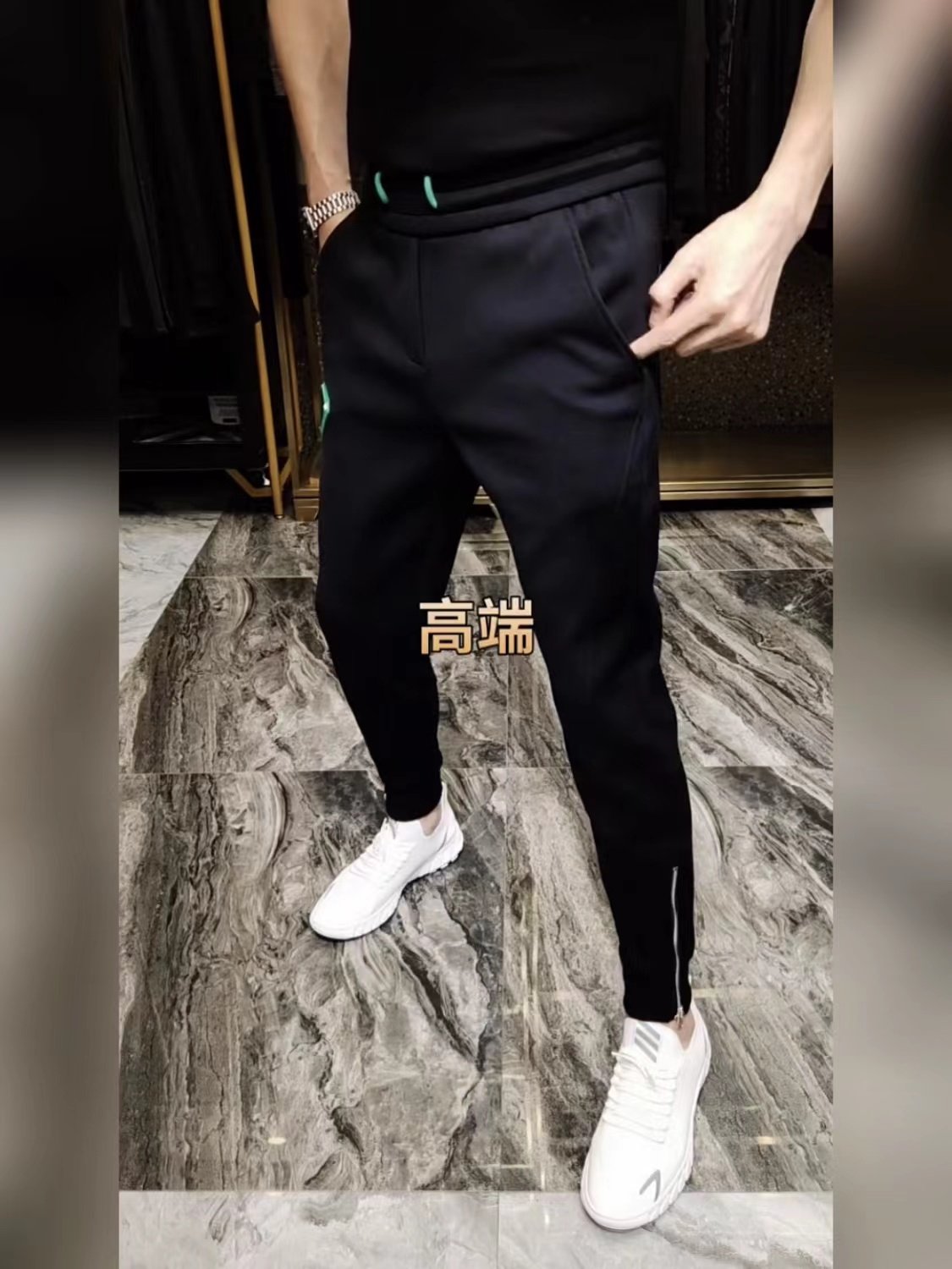 2156春季男款青春休闲运动长裤黑色流行拉链弹力男士修身小脚裤潮