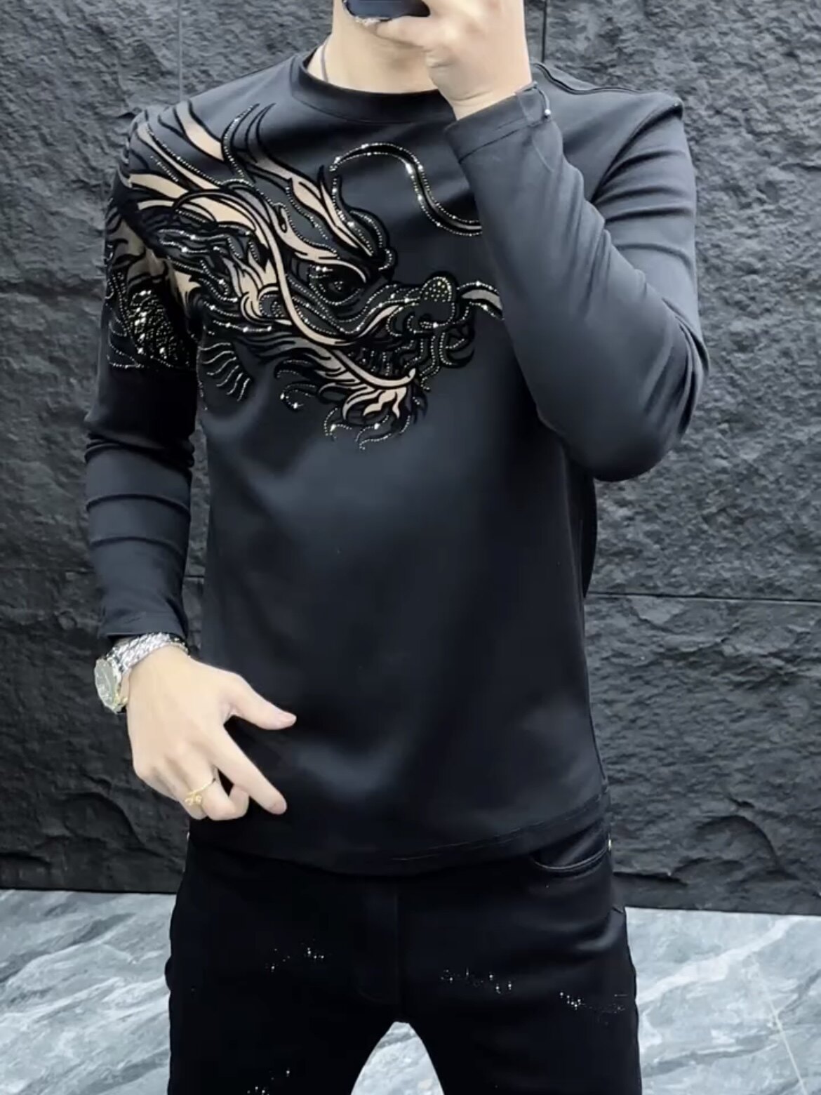 23161春季新款欧货男士商务休闲圆领长袖T恤时尚潮流烫钻打底衫男