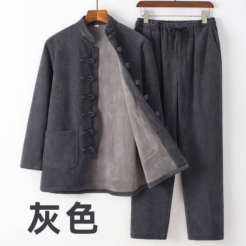 灯芯绒唐装男士中国风中式套装条绒两件套加绒加厚秋冬季保暖外套