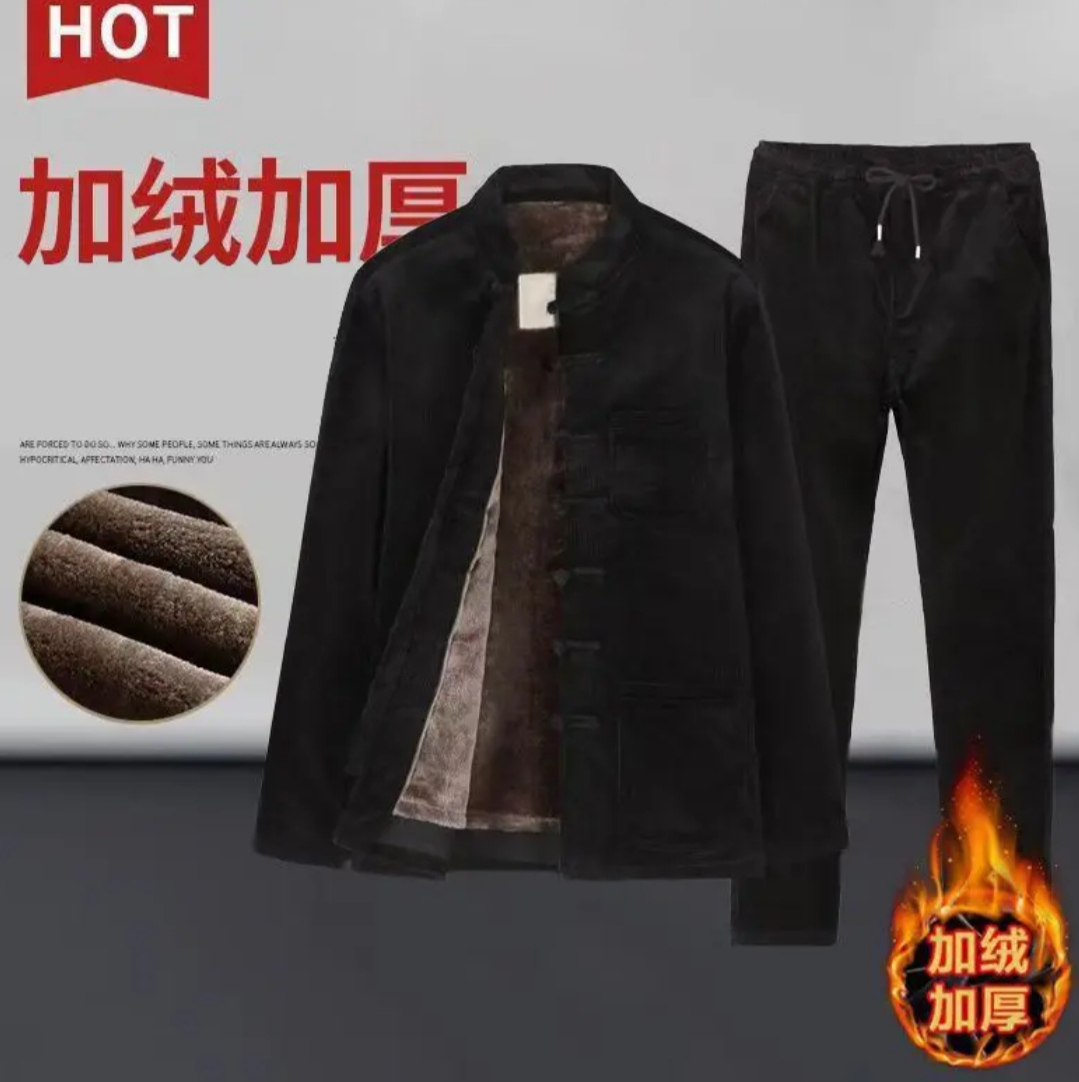 中国风唐装男休闲套装秋冬季民族加绒加厚复古盘扣中式外套两件套