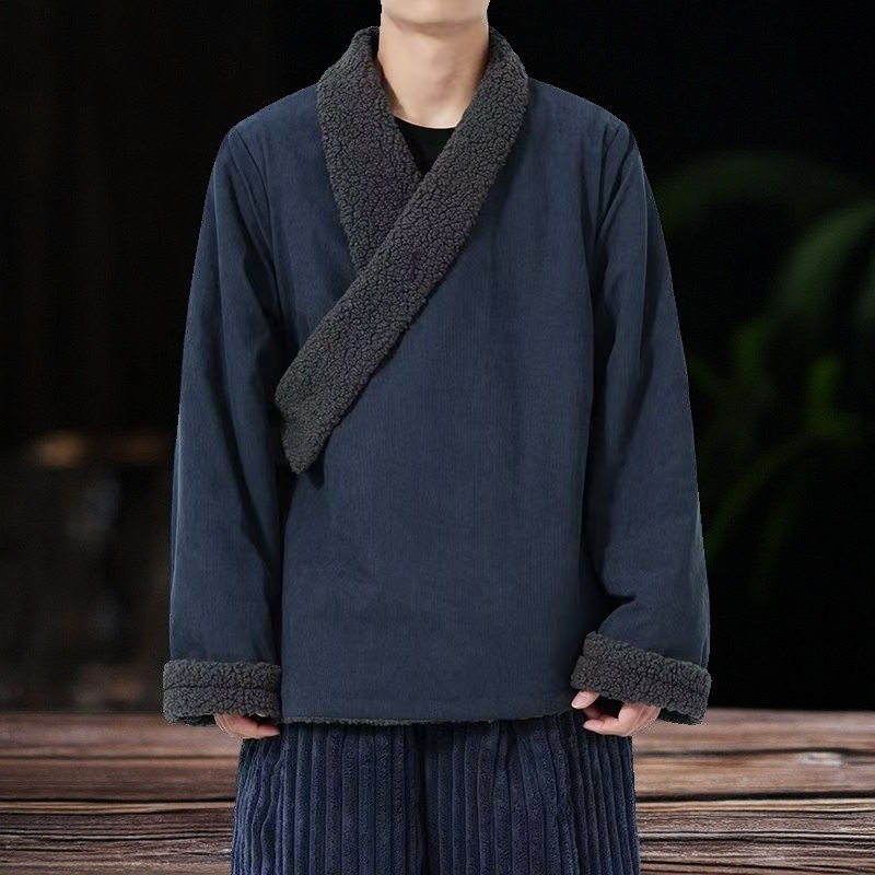 冬季新中式加绒加厚汉服男中国风保暖藏袍复古风唐装棉衣斜襟外套