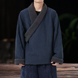 冬季新中式加绒加厚汉服男中国风保暖藏袍复古风唐装棉衣斜襟外套