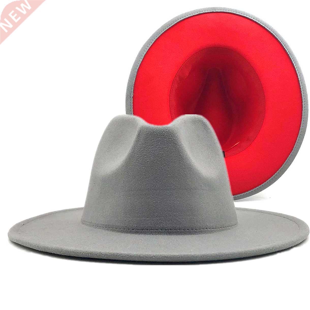 gray red Patchwork Wool Felt Jazz Fedora Hat Women Unisex Wi