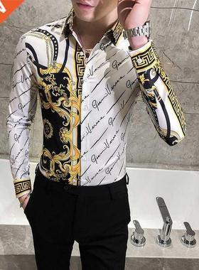 Autumn Man Vintage Printed Social Black Shirts Luxury Men's