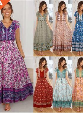 2022 Short Sleeve Button Tie Positioned Flower Panel Dress